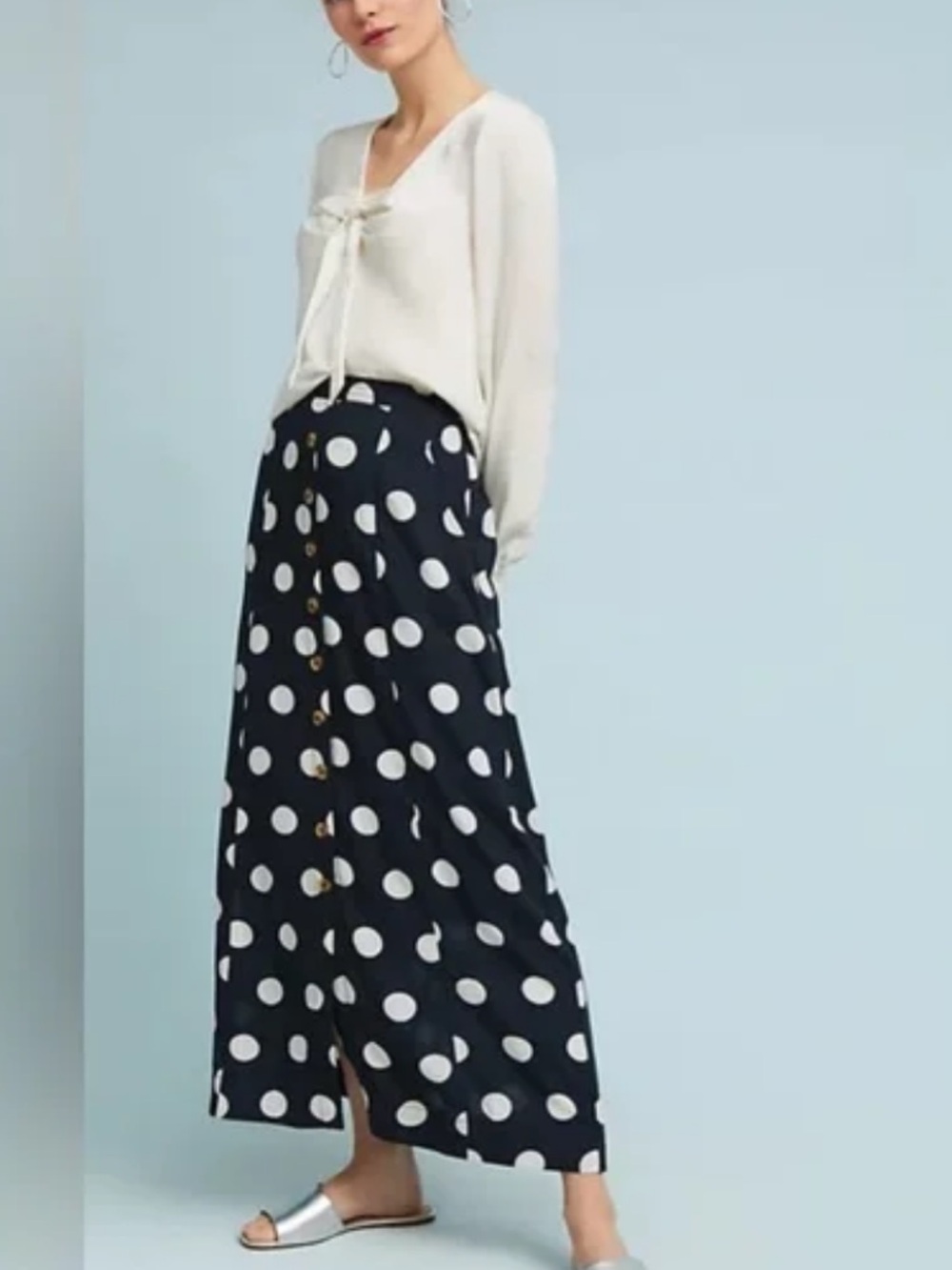 Maeve Black Maxi Skirt with White Polka Dots